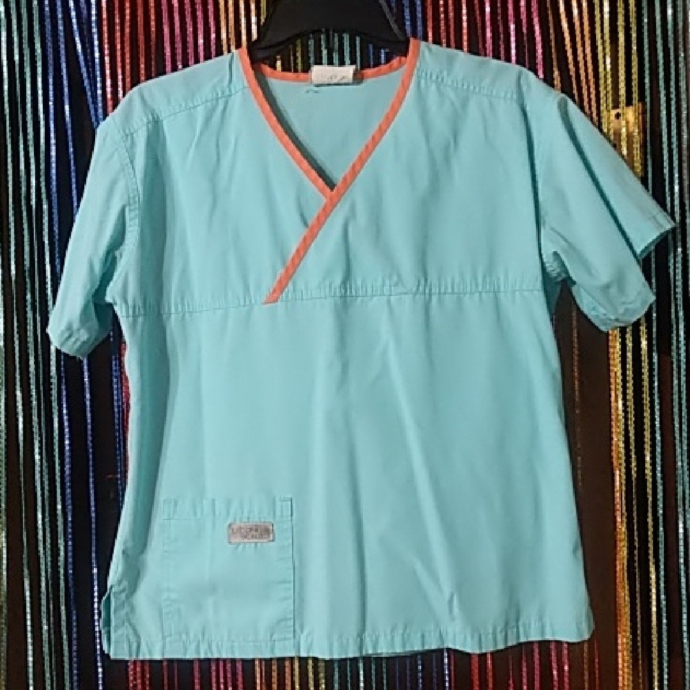 Light Blue V-Neck Scrub Top with Orange Trim